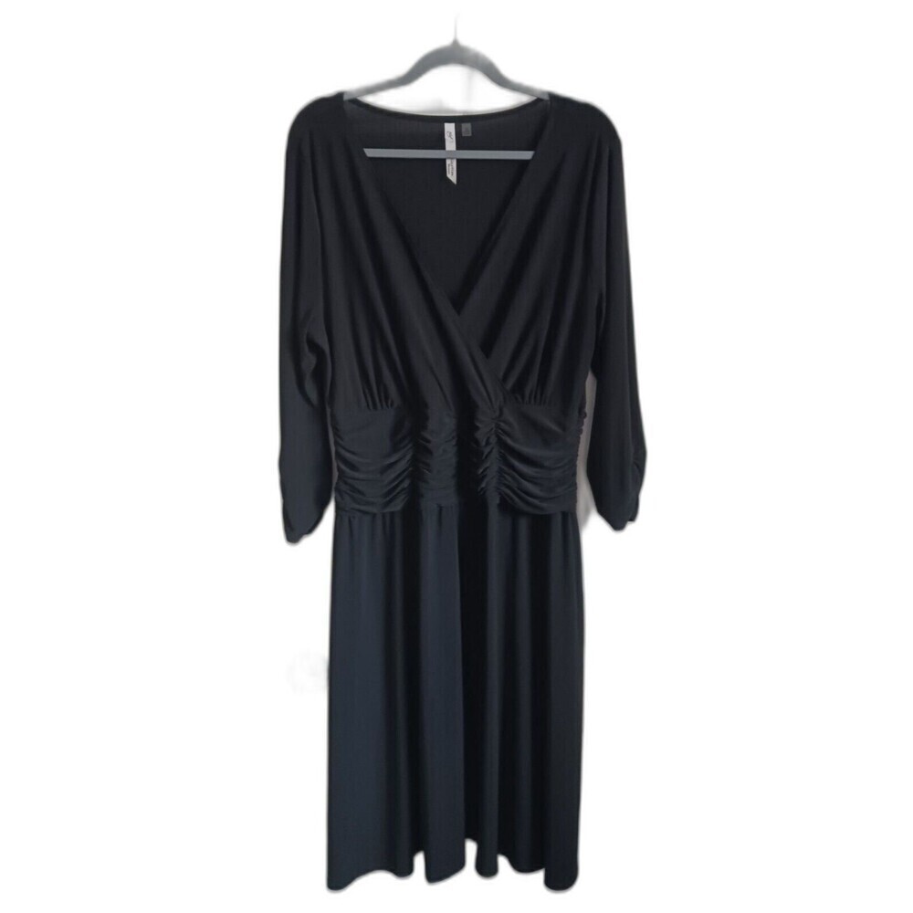 NY Collection Midi‎ Dress Ruched Waist 3/4 Sleeve Black Size 1X